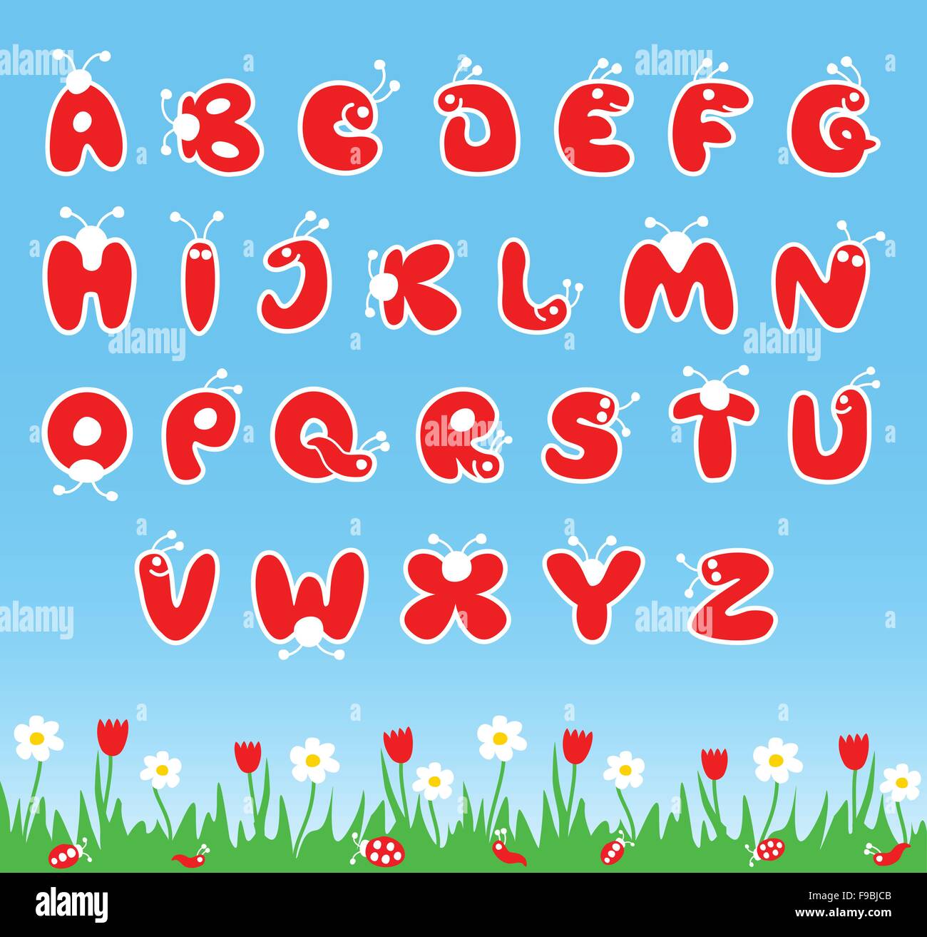 Latin alphabet stylized as bugs, for children preschool education. Vector illustration. Stock Vector
