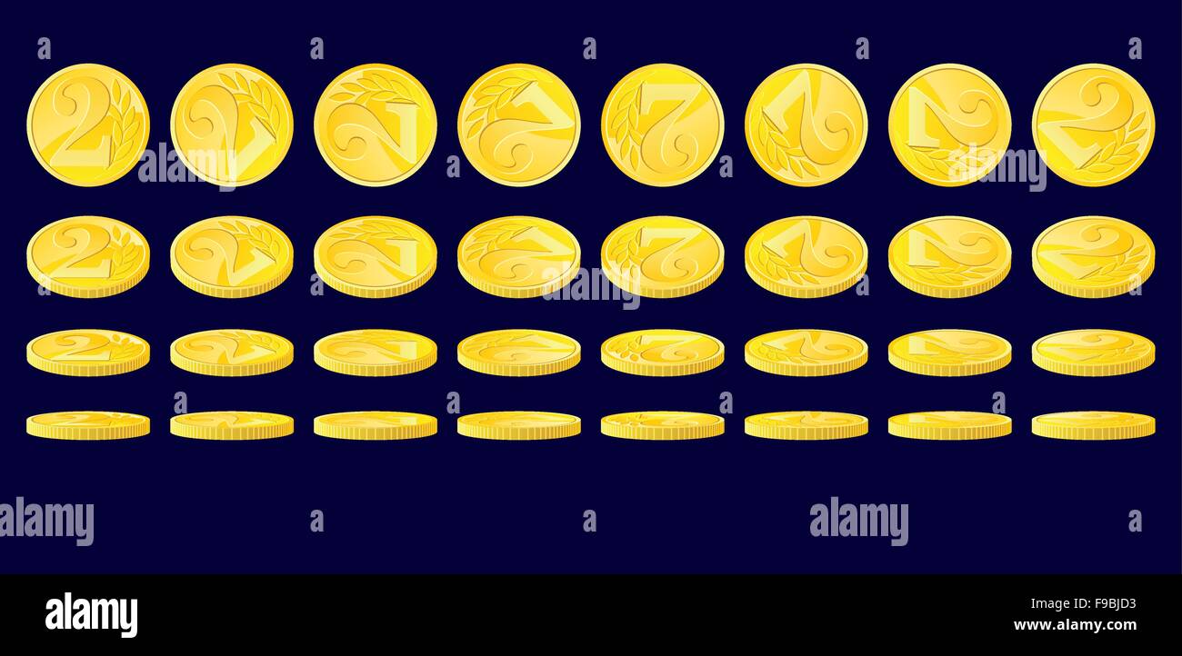 Golden coin rotated in various positions. Two monetary units nominal. Adobe Illustrator EPS8 file. Stock Vector