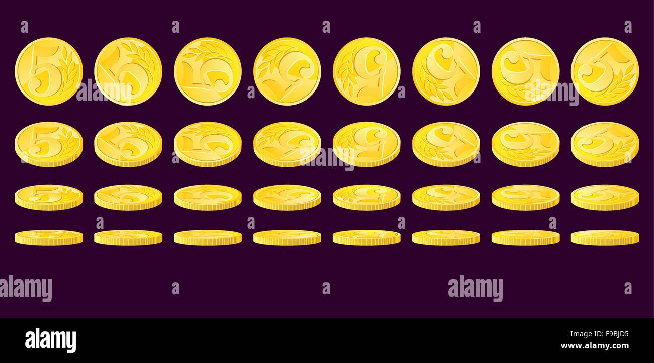 Golden coin rotated in various positions. Five monetary units nominal. Adobe Illustrator EPS8 file. Stock Vector