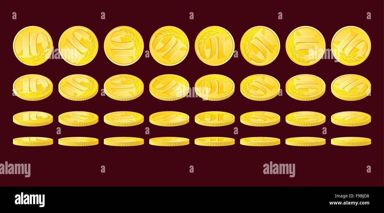 Golden coin rotated in various positions. Ten monetary units nominal. Adobe Illustrator EPS8 file. Stock Vector