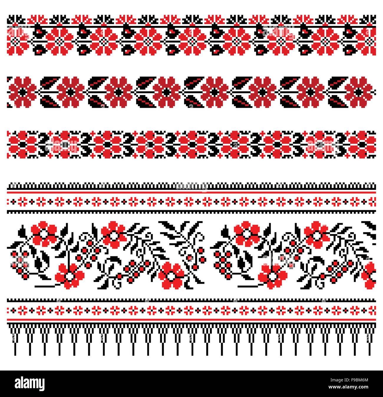 Vector illustrations of ukrainian embroidery ornaments, patterns, frames and borders. Stock Vector