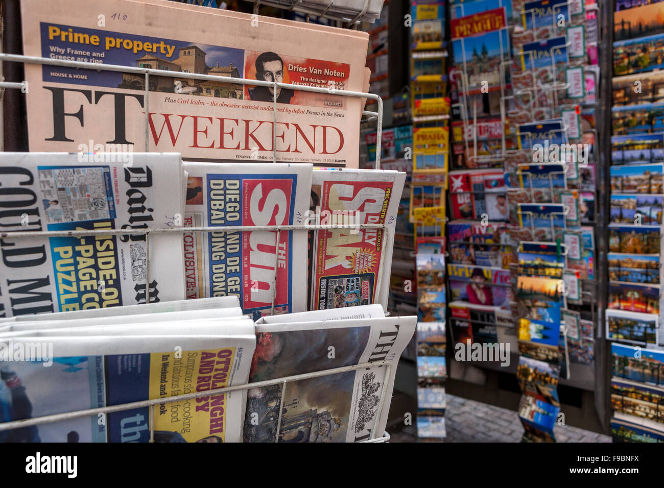Various international newspapers and magazines in a newspaper stand, Prague, Czech Republic Stock Photo