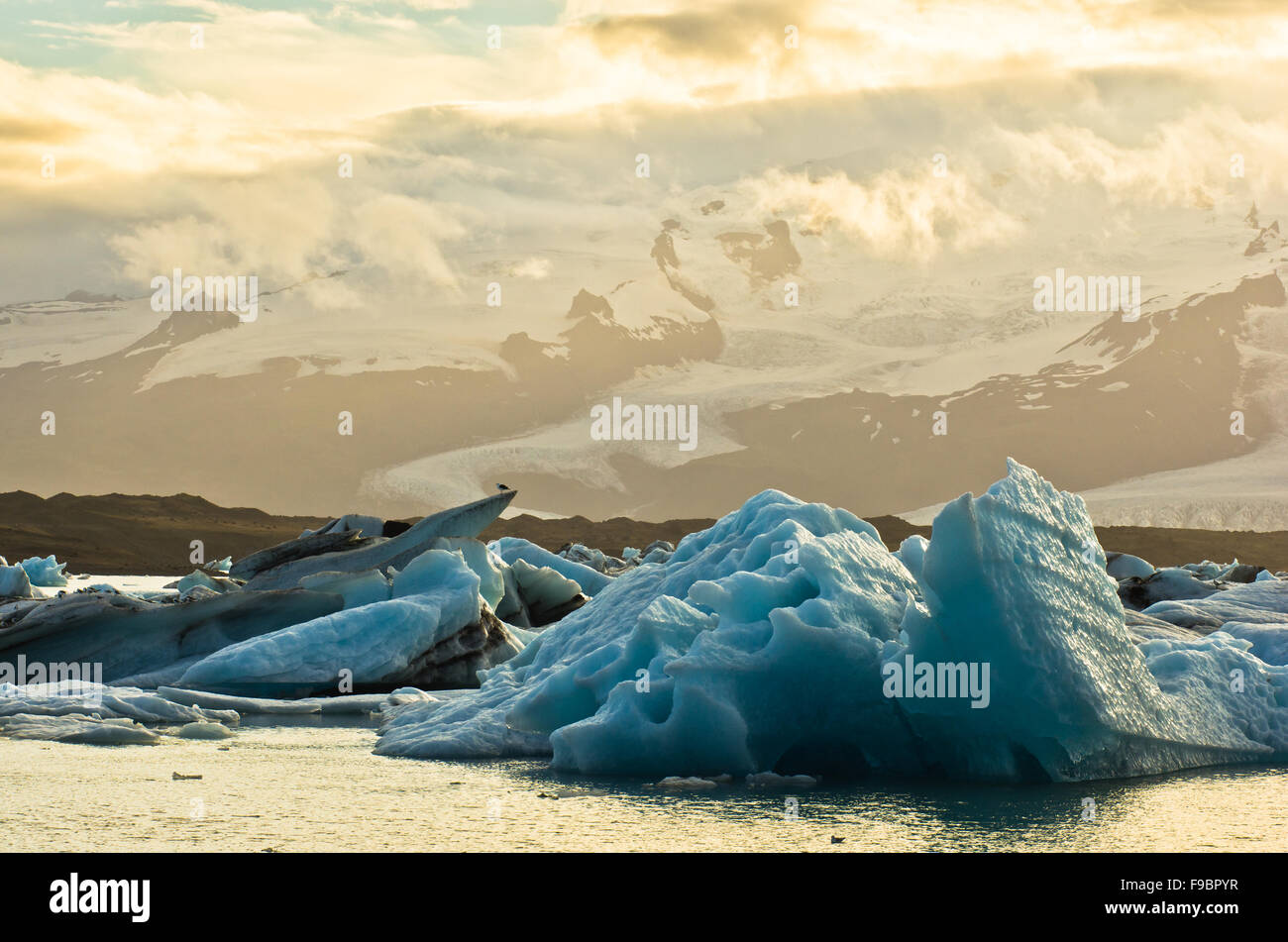 Melting of icebergs in Jokulsarlon glacier lagoon at sunset Stock Photo ...