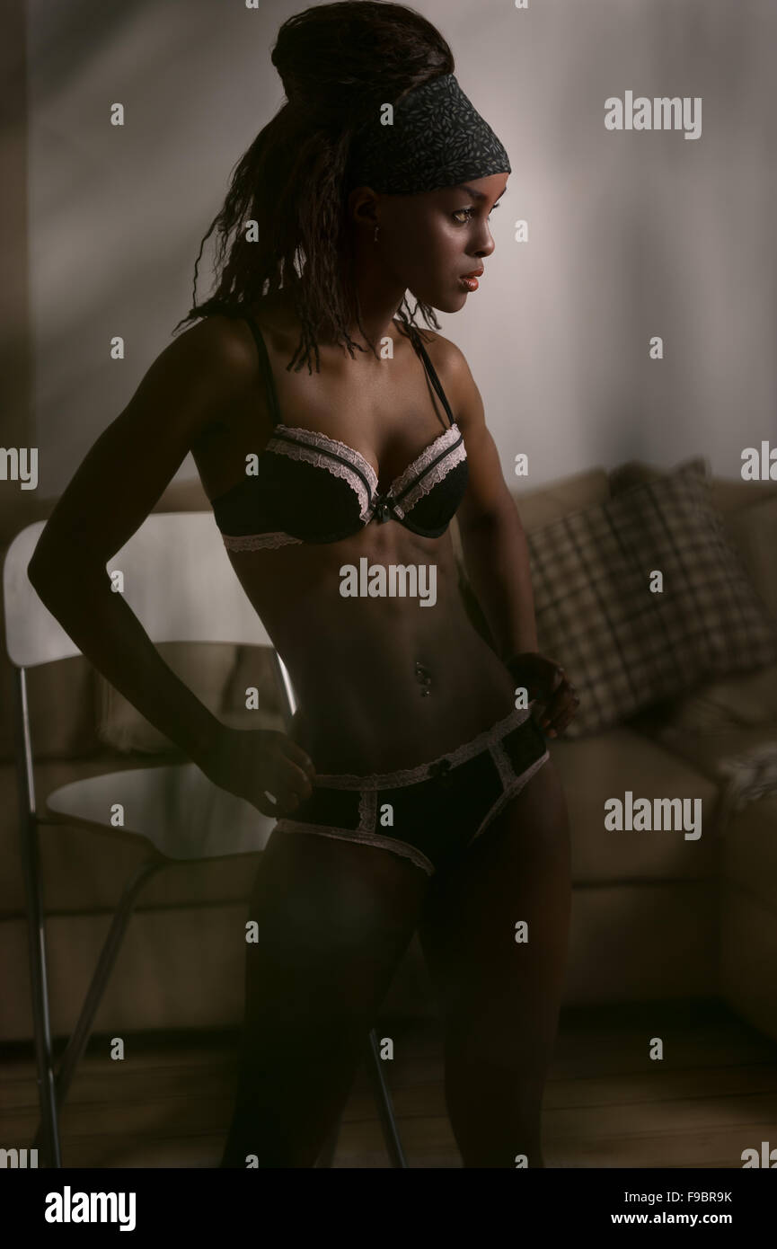 Beautiful alluring african woman in sexy lingerie. Portrait of beautiful  sexy stylish young woman model with perfect clean skin Stock Photo - Alamy