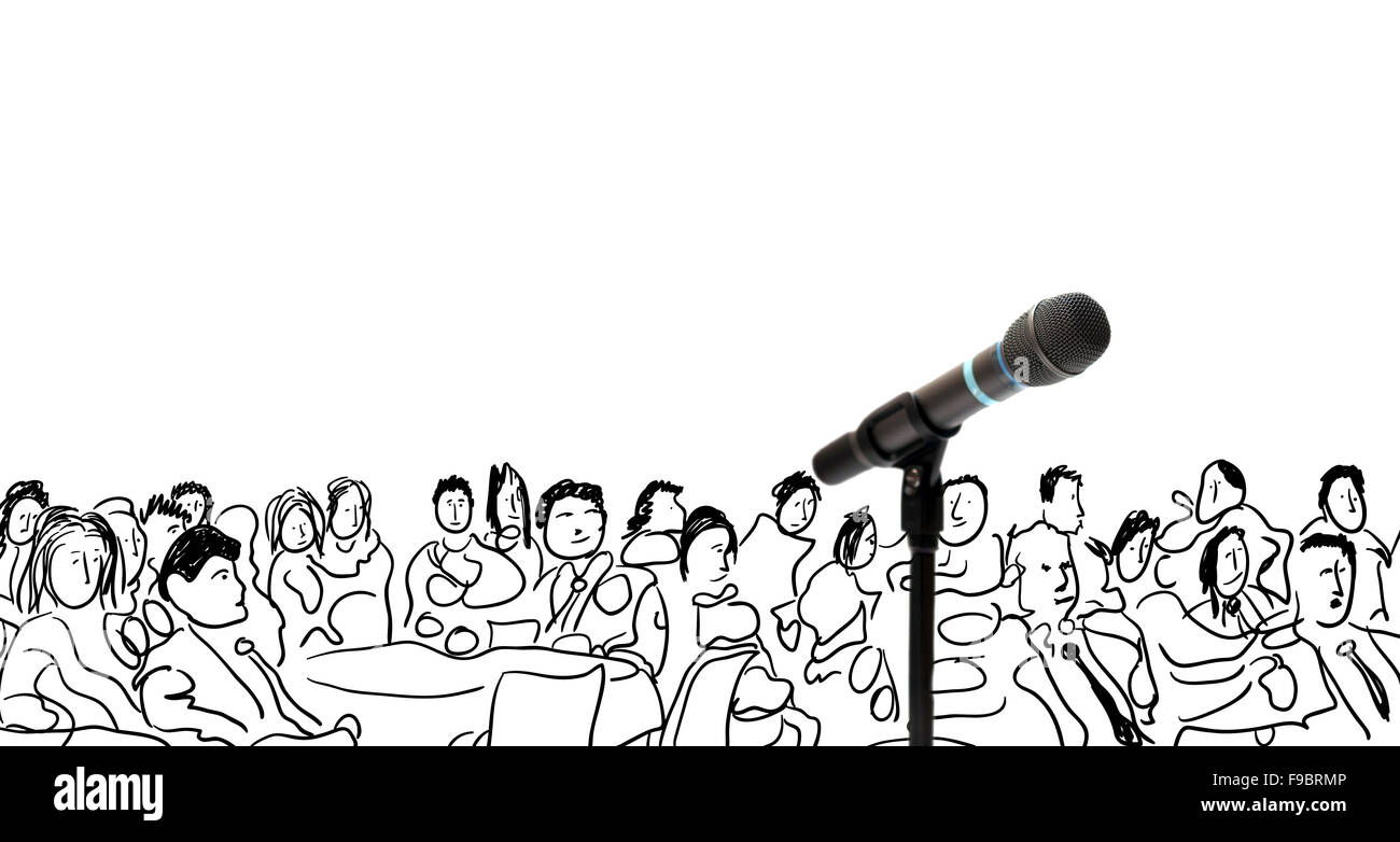 Conceptual illustration with microphone and hand drawn people Stock Photo
