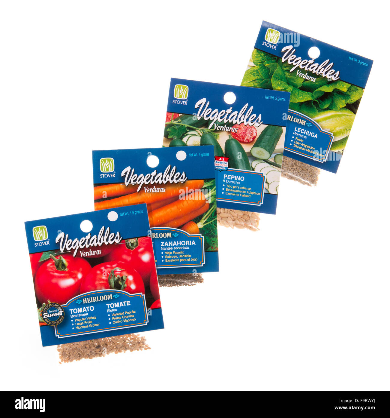 Vegetable garden seed packets with English and Spanish descriptions. Stock Photo