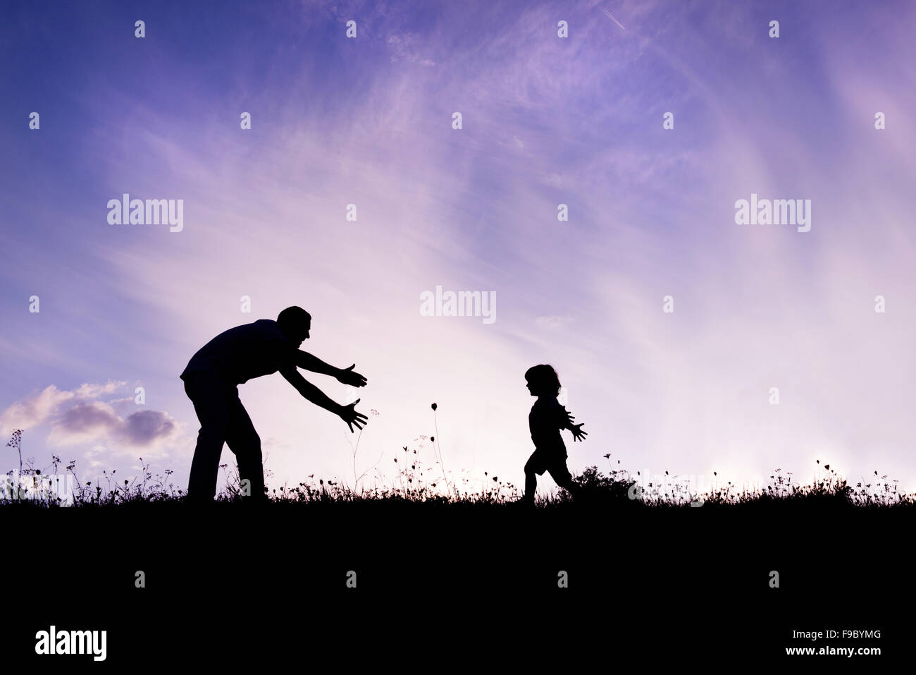 Silhouette of happy father having fun with his son Stock Photo