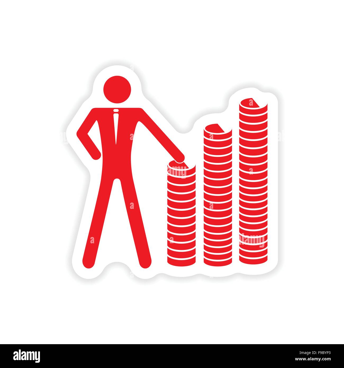 stylish sticker on paper man and stack of coins Stock Vector