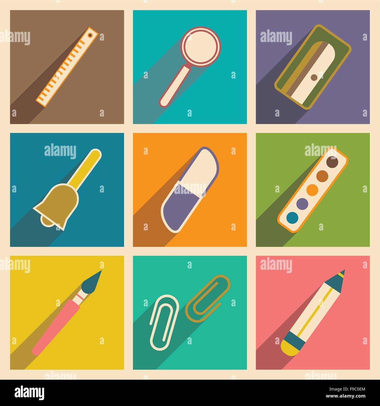 Flat with shadow concept and mobile application school supplies Stock ...