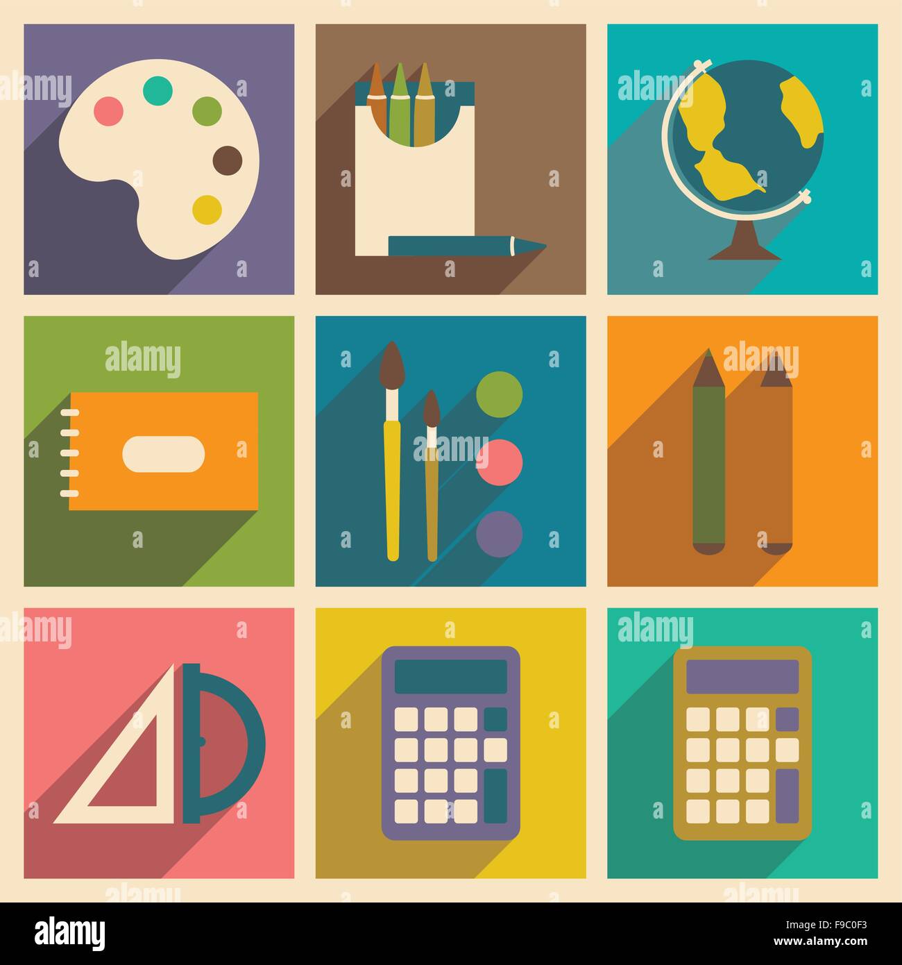 Flat with shadow concept and mobile application school supplies Stock ...