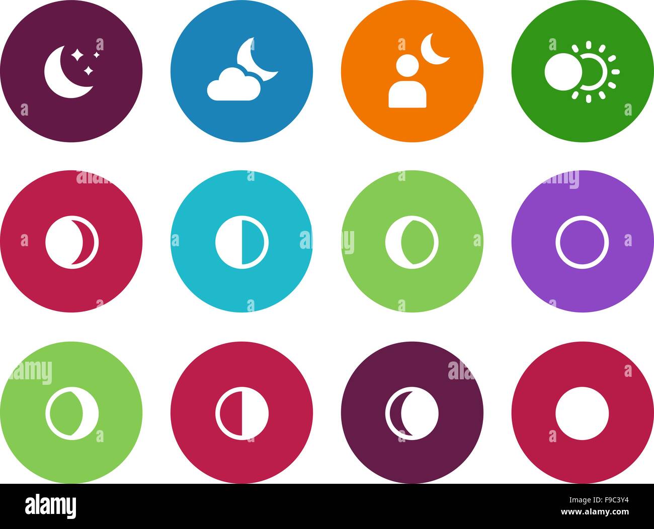 Moon phases circle icons on white background. Stock Vector