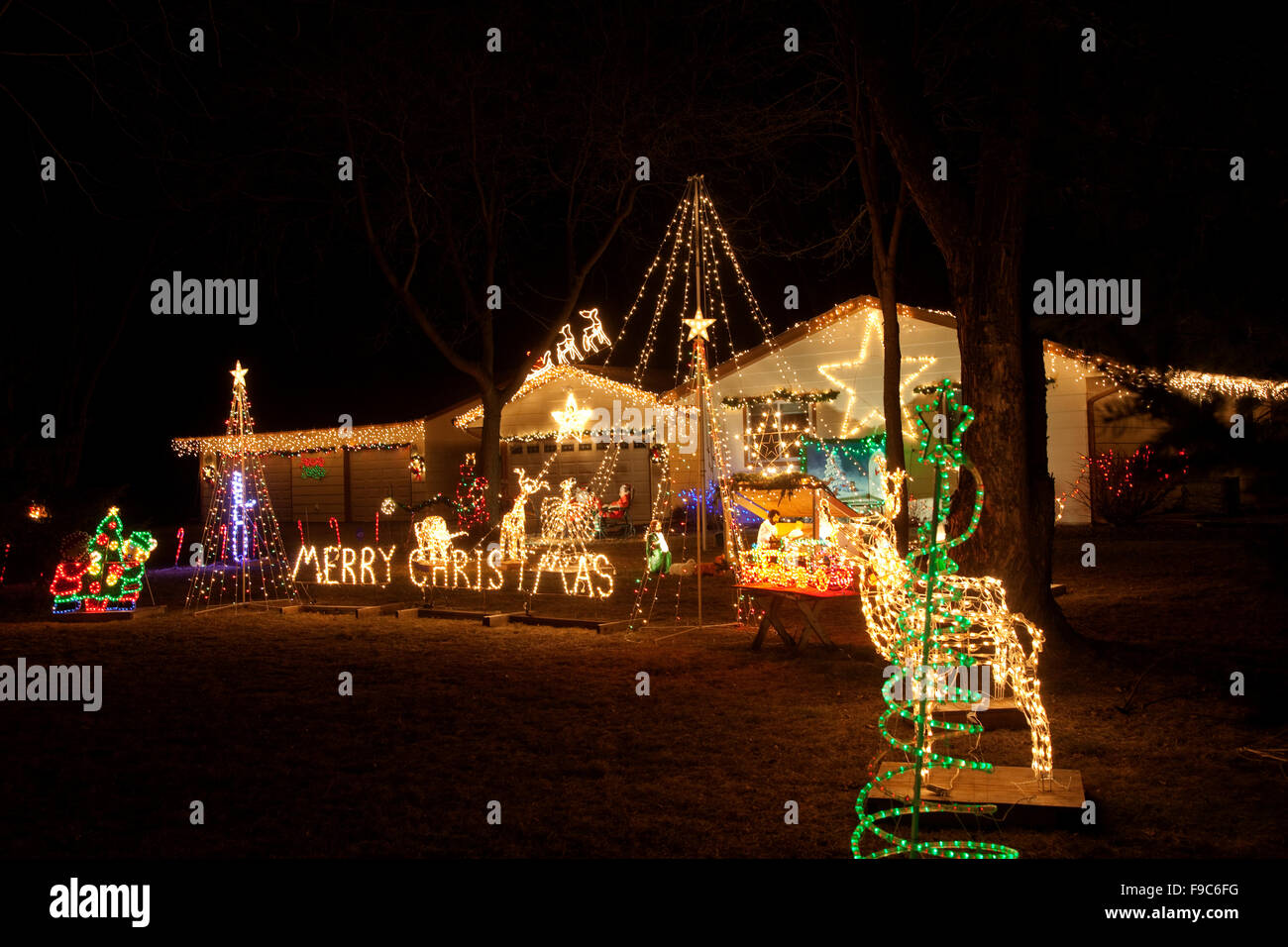 Evening outdoor home display of Christmas lights. St Paul Minnesota MN USA Stock Photo Alamy