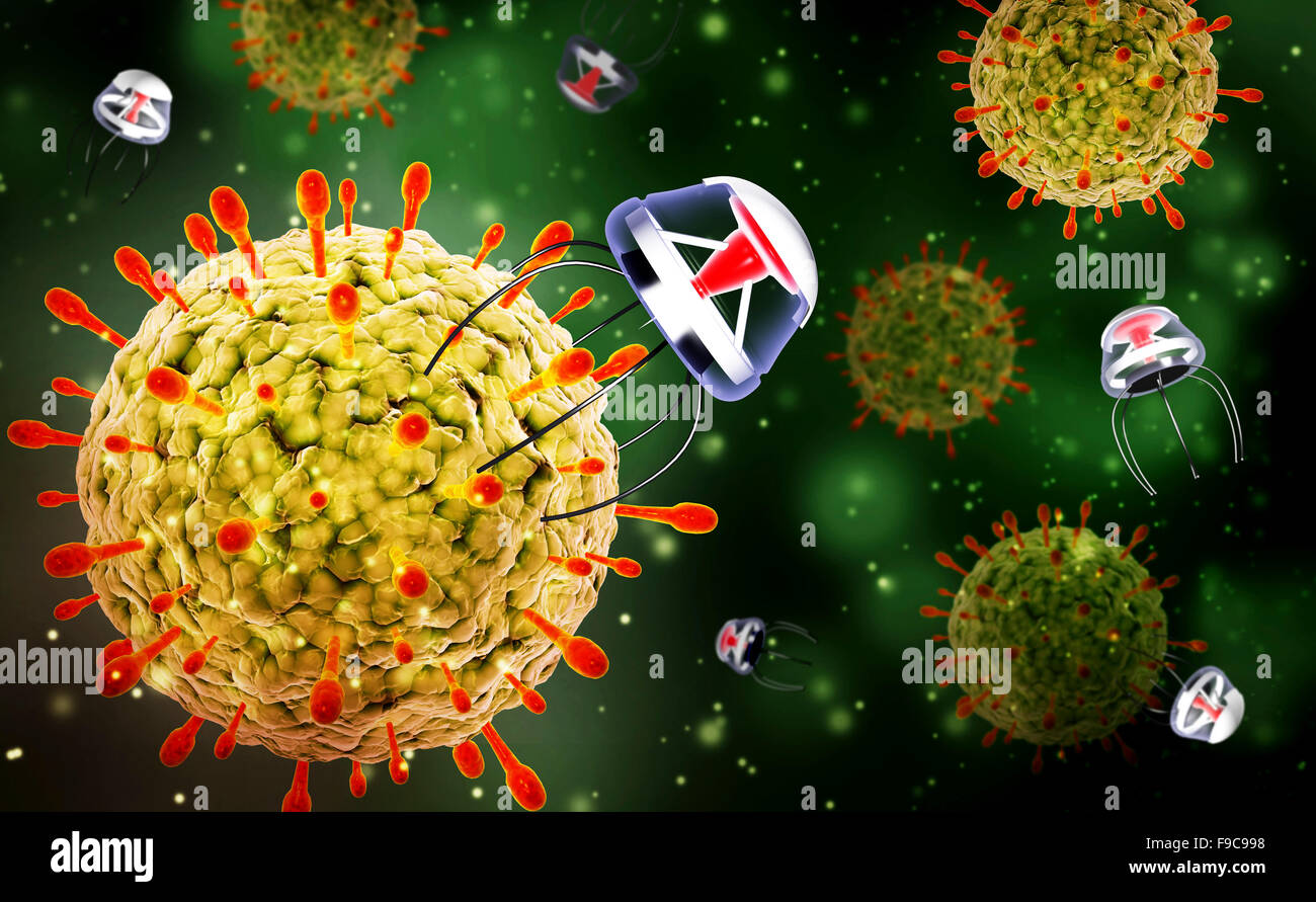 Nanobots attacking a virus. Stock Photo