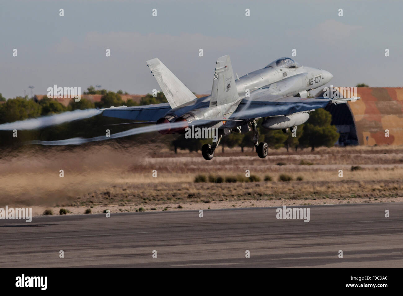 A Spanish Air Force F-18M Hornet taking off during NATO's Trident Juncture exercise, Albacete, Spain. Stock Photo