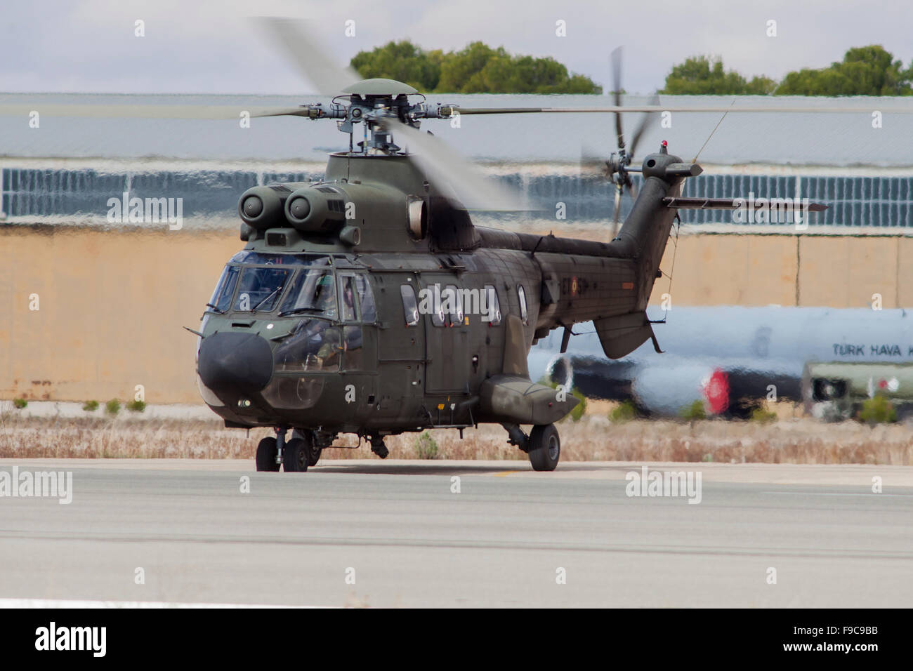 A Spanish Army AS332 Super Puma helicopter during NATO's Exercise Trident Juncture, Albacete, Spain. Stock Photo