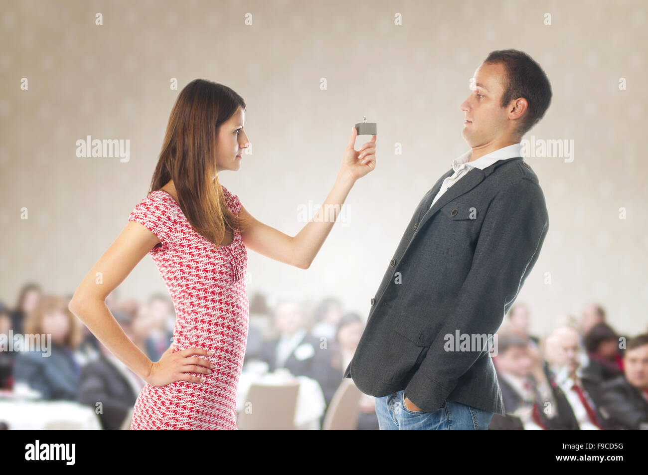 Funny proposal scene with happy woman and man Stock Photo - Alamy Funny proposal scene with happy woman and man Stock Photo - Alamy