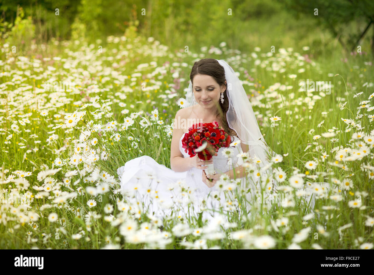 Bride in white wedding dress at the meadow Stock Photo - Alamy