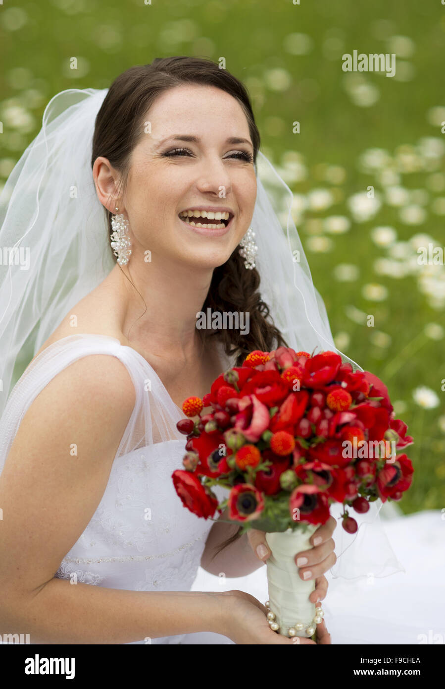 Bride In White Wedding Dress At The Meadow Stock Photo 91860898