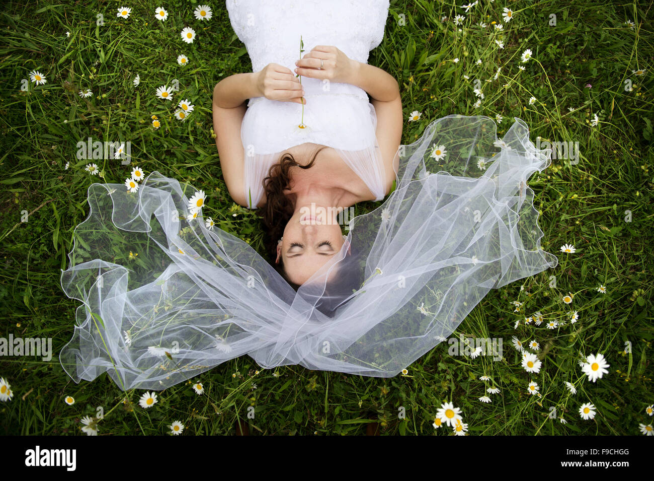 Bride in white wedding dress at the meadow Stock Photo - Alamy