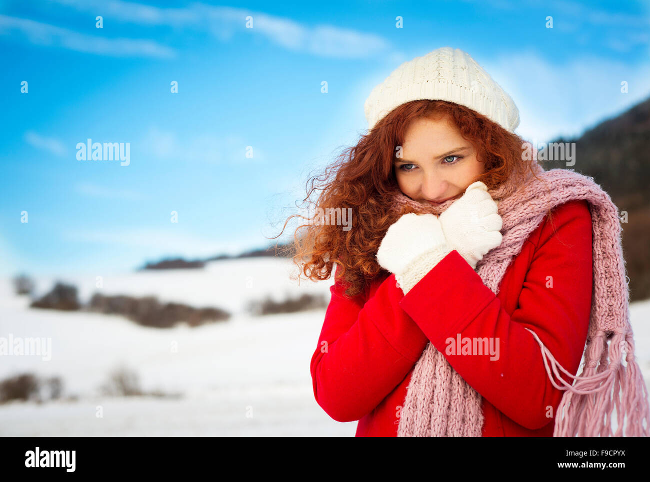 love, snow, girl, alone, cold, red, hair, curly, ginger, sky, blue, adult, beautiful, beauty, caucasian, cheerful, color, cute, Stock Photo
