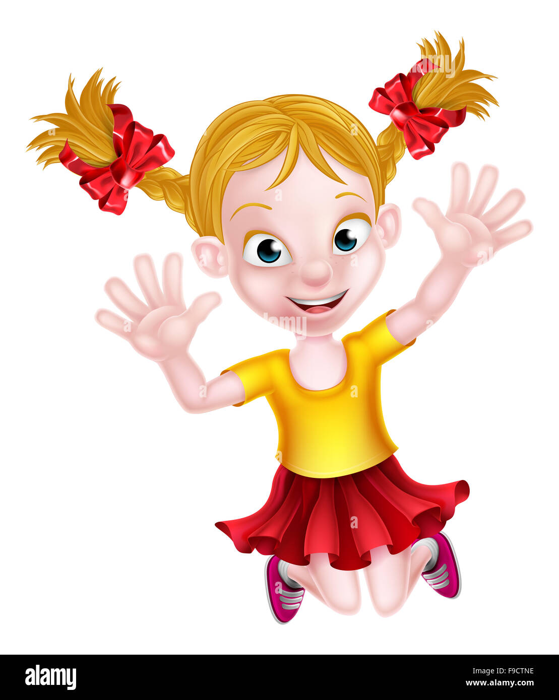 Happy cartoon young girl jumping for joy with hands in the air Stock
