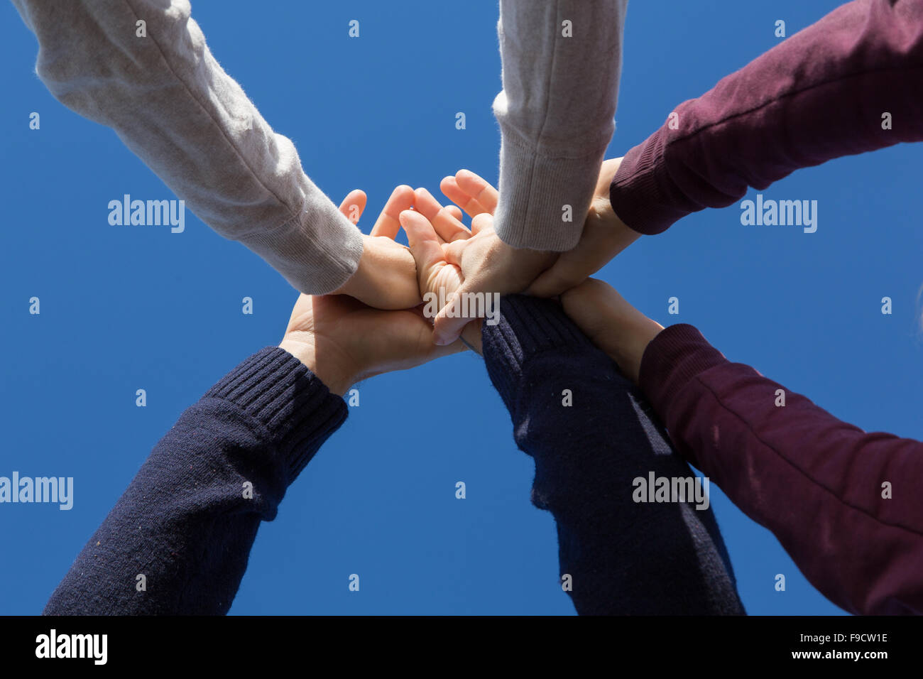 A family holding hands against a blue sky Stock Photo - Alamy