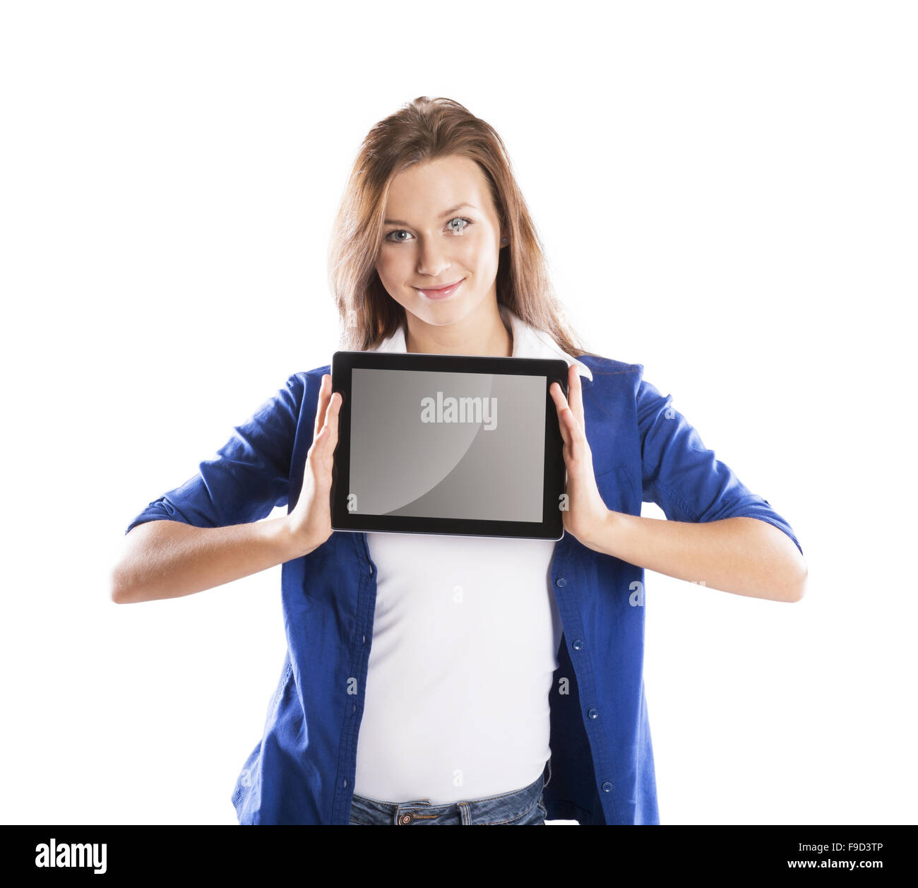 Woman with pc tablet is isolated on white background Stock Photo - Alamy