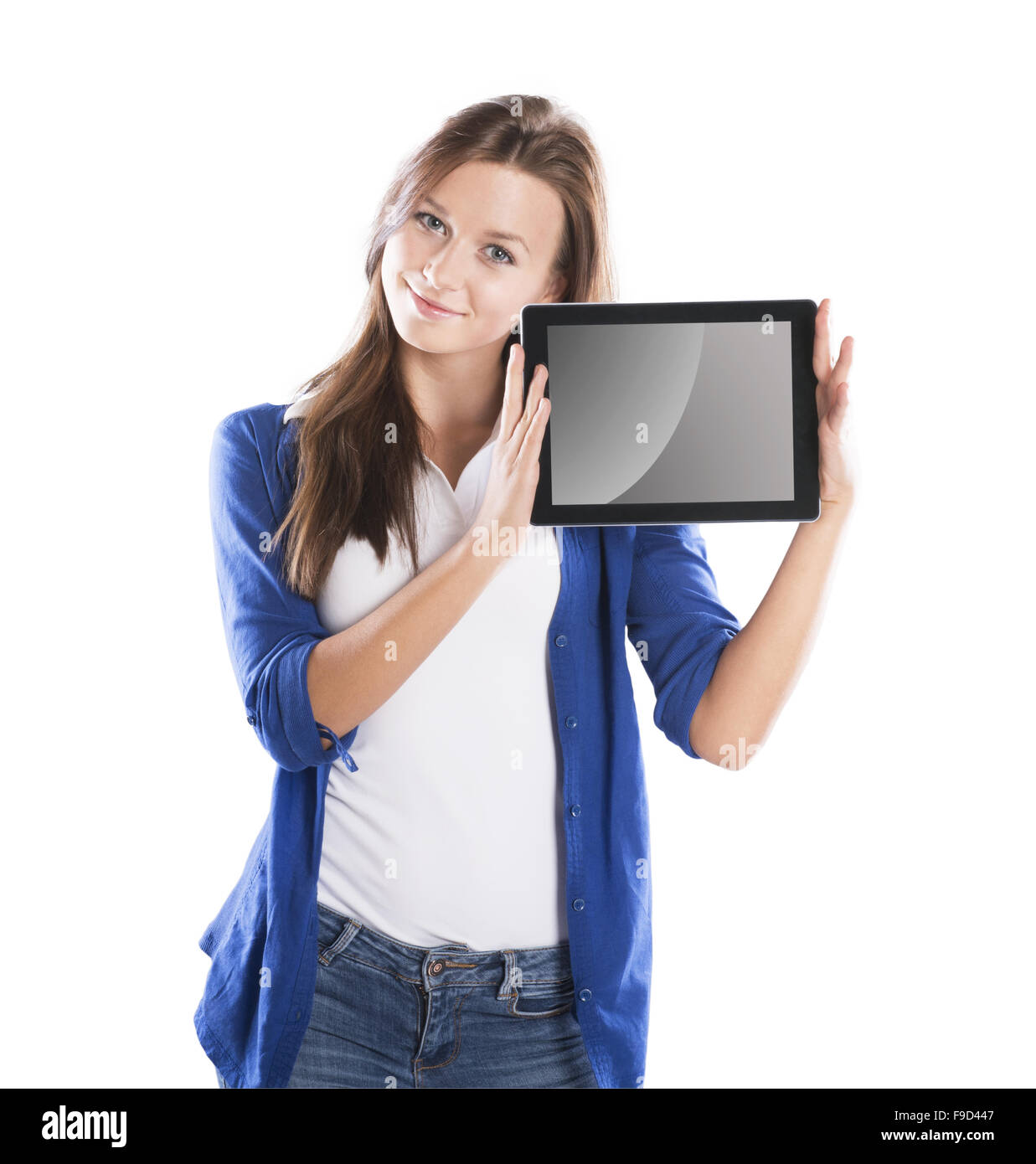 Woman with pc tablet is isolated on white background Stock Photo - Alamy