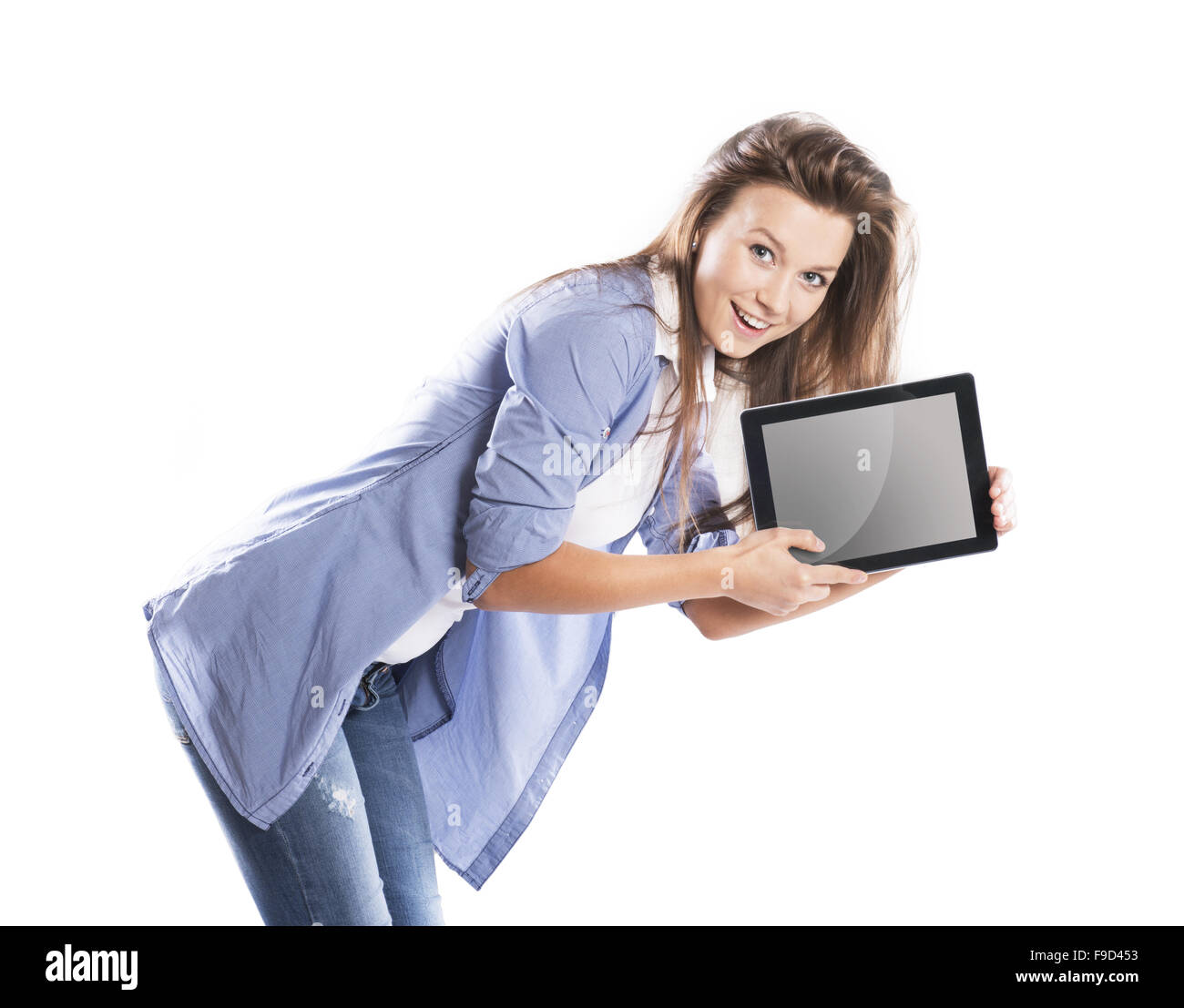 Woman with pc tablet is isolated on white background Stock Photo - Alamy