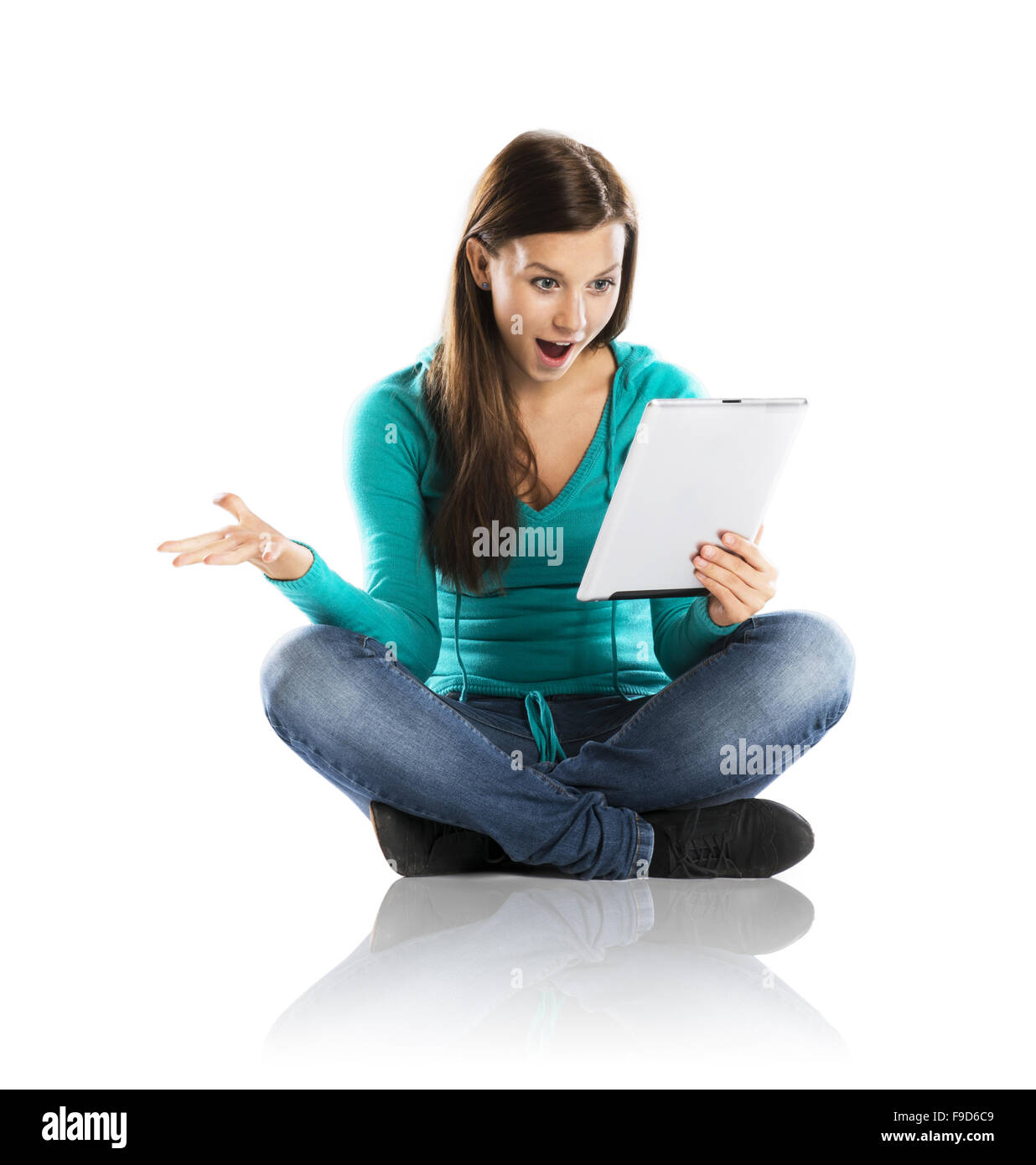 Woman with pc tablet is isolated on white background Stock Photo - Alamy