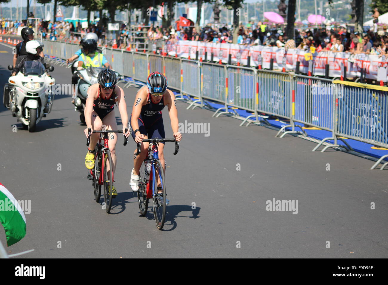 Team GB women's elite triathletes Lucy Hall and Jess Learmonth in action at the 2015 ETU European Championships. Stock Photo