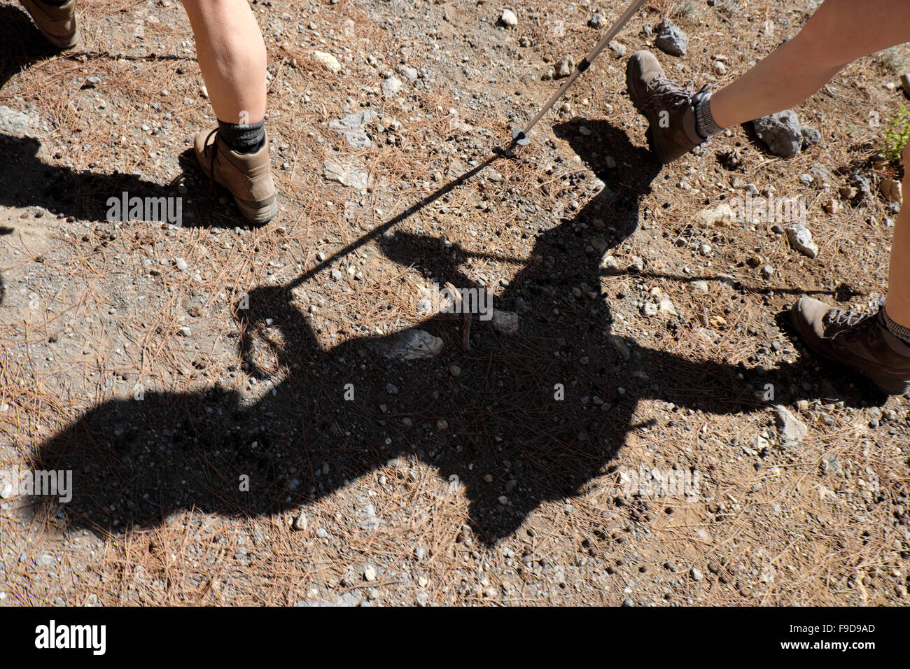 The shadow of two women hikers and walking sticks boots walking on a dry stony path ground in North Cyprus  KATHY DEWITT Stock Photo
