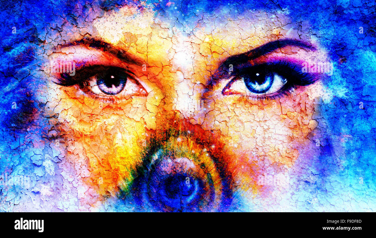pair of beautiful blue women eyes looking up mysteriously from behind a small rainbow colored peacock feather, texture collage w Stock Photo
