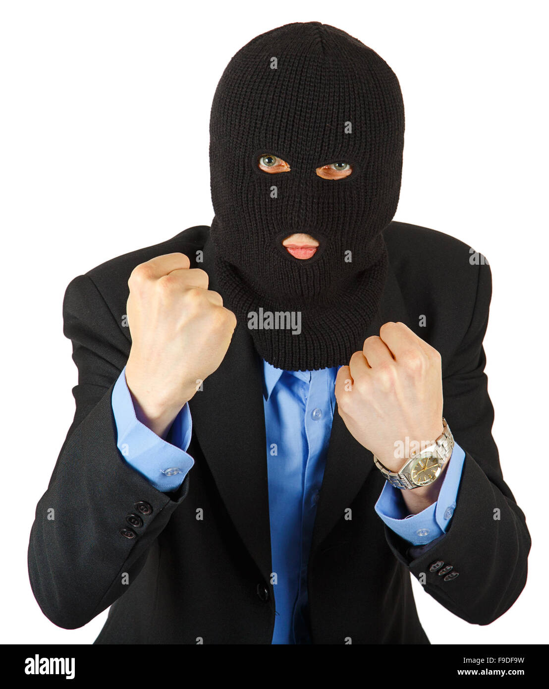 Thief in black mask in suit holding his fists isolated on white background  Stock Photo - Alamy
