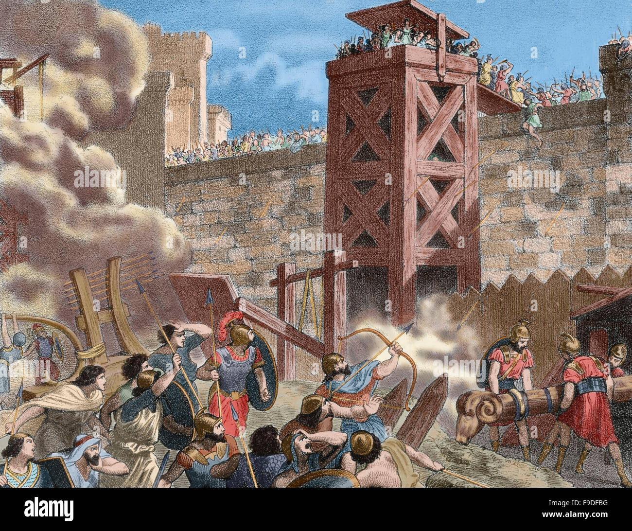 The Siege of Saguntum (219 B.C.). The battle took place between the Carthaginians, leaded by Hannibal Barca (247-183 B.C.) and the Saguntines at the Roman Hill town of Saguntum. This battle triggered  the Second Punic War (218-201 B.C.). Colored engraving. Stock Photo