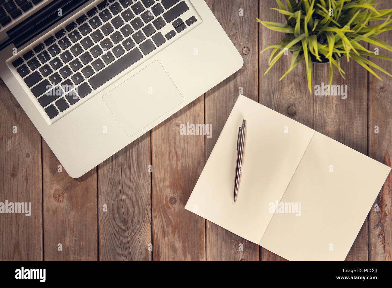 Notepad Pen Laptop And Plant Pot On Old Wooden Desk View