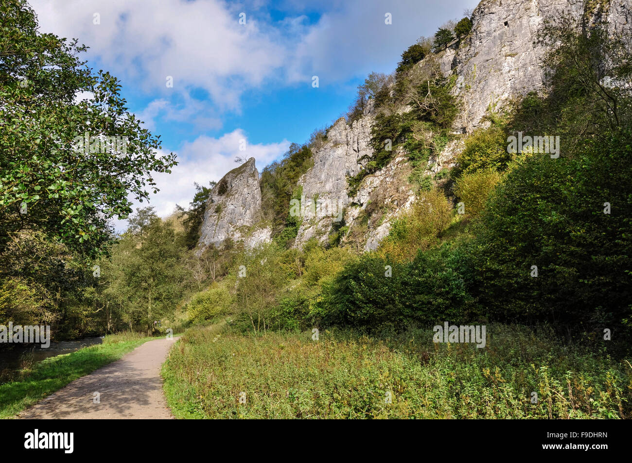 Limestone cliffs in Dove Dale, a scenic area of the Peak District national park, Derbyshire, England. Stock Photo