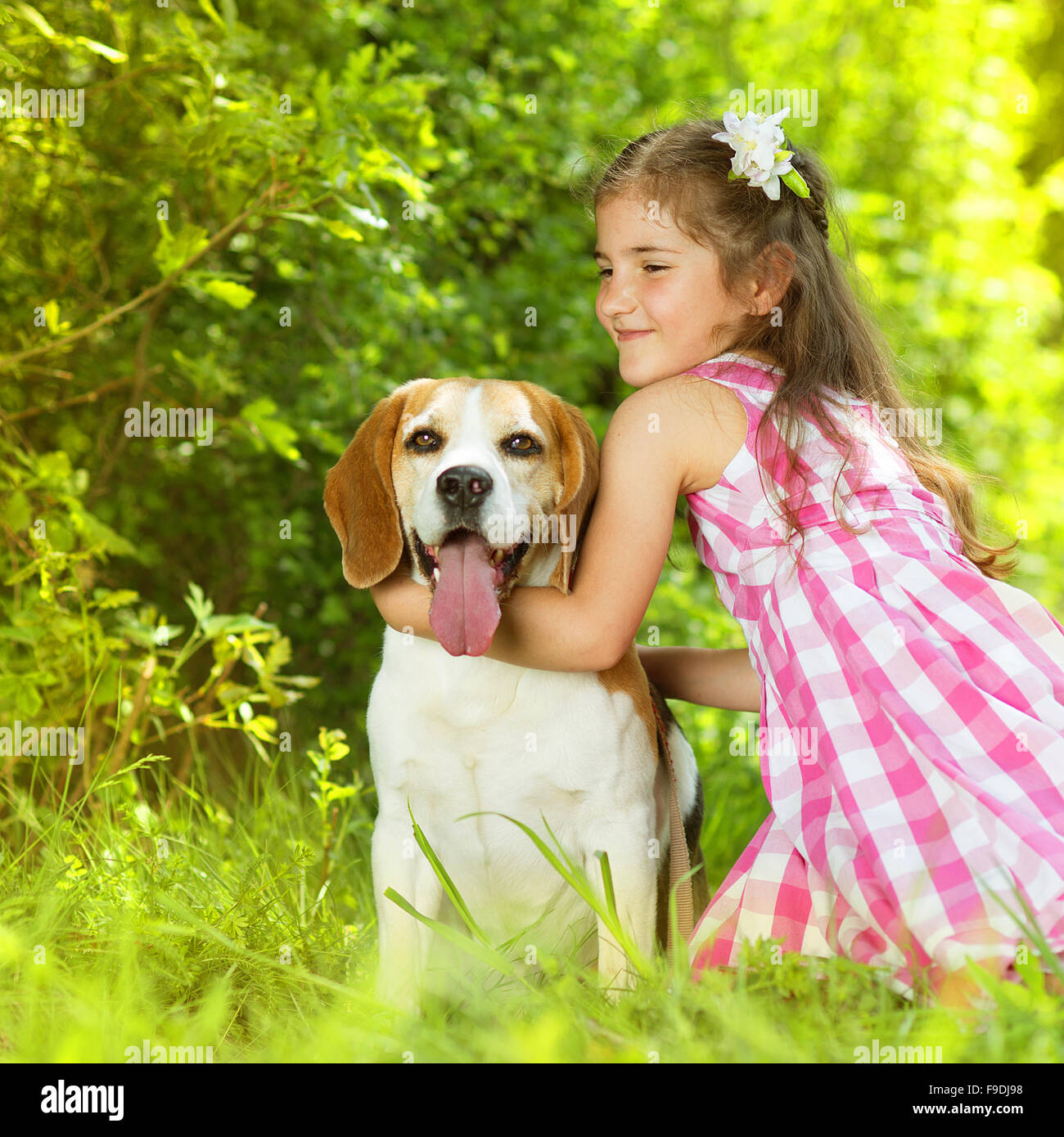 Cute little girl is playing with her dog in the green park Stock Photo ...