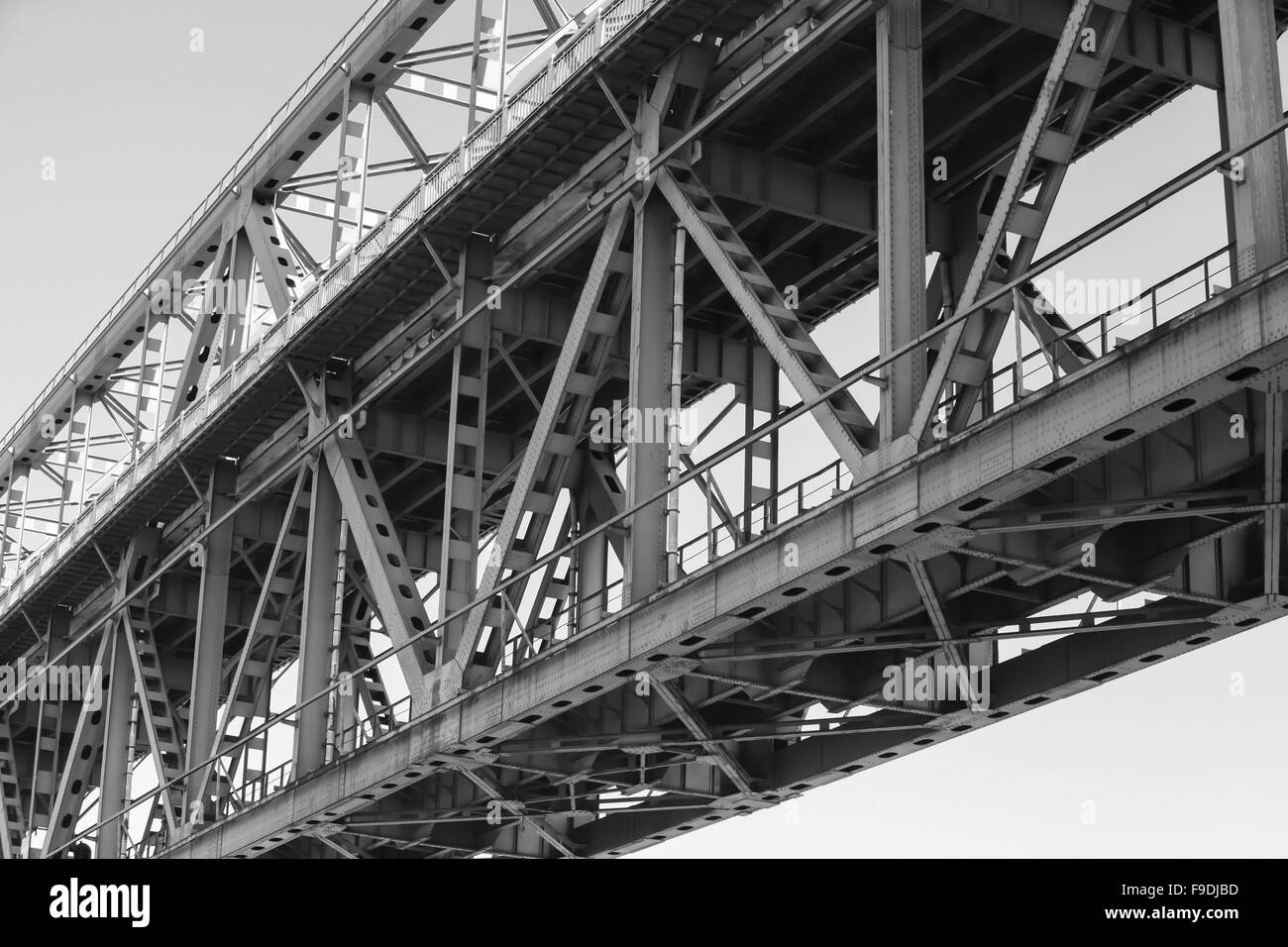 Steel truss bridge construction fragment with two levels of ...