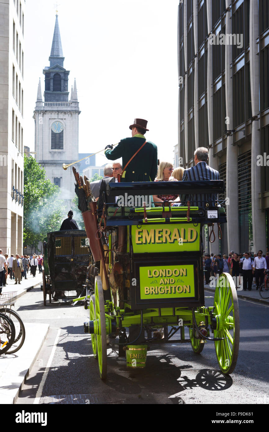 Horse drawn carriages, traveling to the Guildhall, City of London, to take part in the annual Cart Marking ceremony, London, UK. Horse carriage. Stock Photo