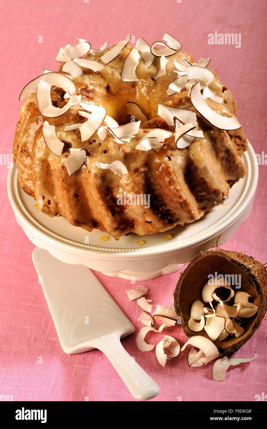 Coconut Bunt Cake with Rum Icing Stock Photo Alamy