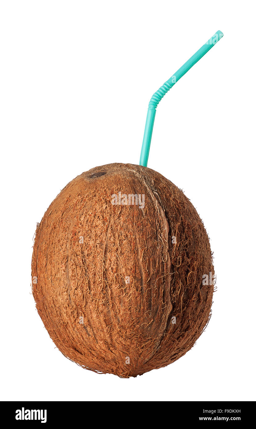 coconut with straw isolated on white background Stock Photo