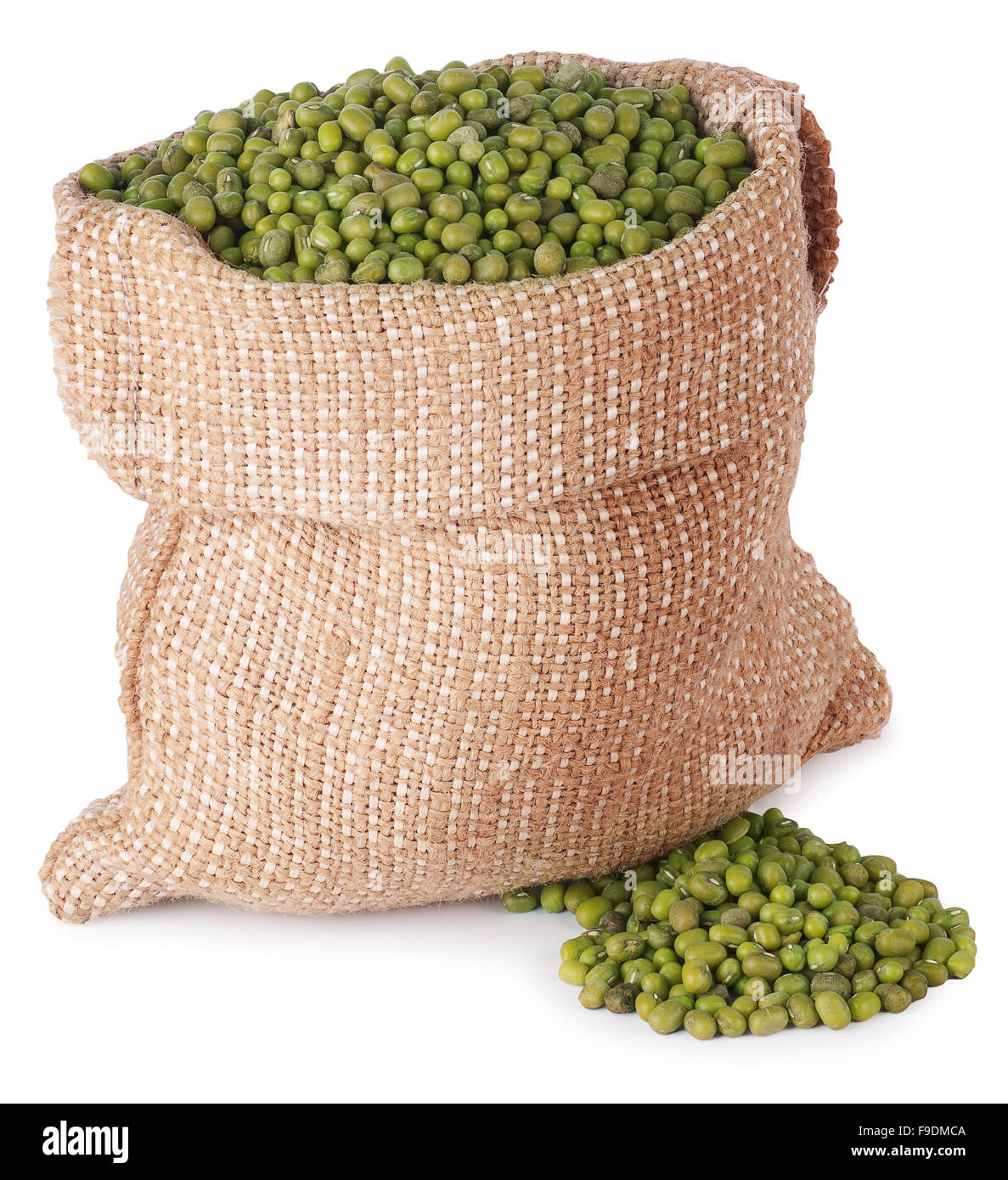 Mung beans in a burlap bag  isolated on white background Stock Photo