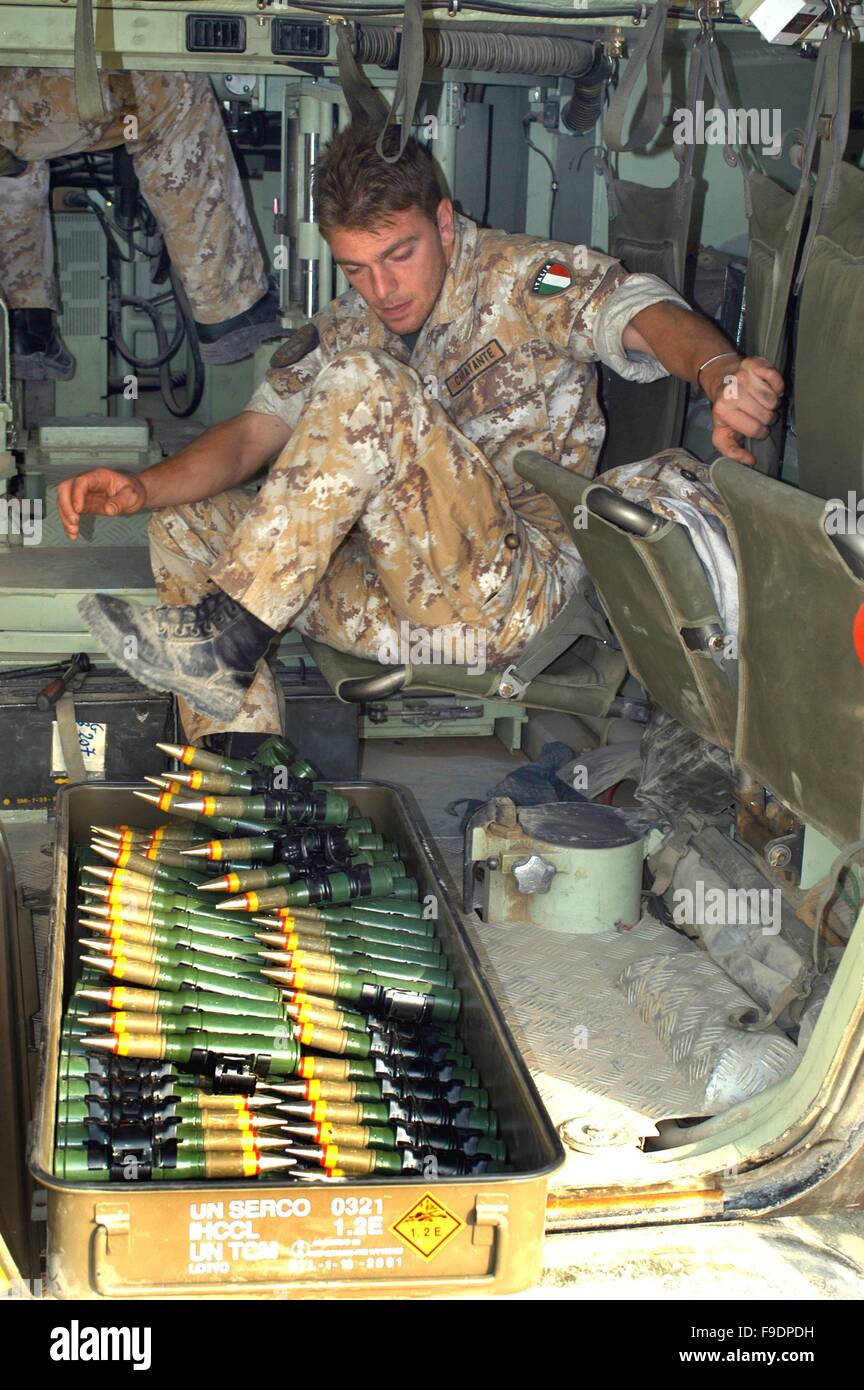 Italian military intervention in Iraq (10/2004),  load of ammunitions for 30 mm gun of an infantry armored fighting vehicle Stock Photo