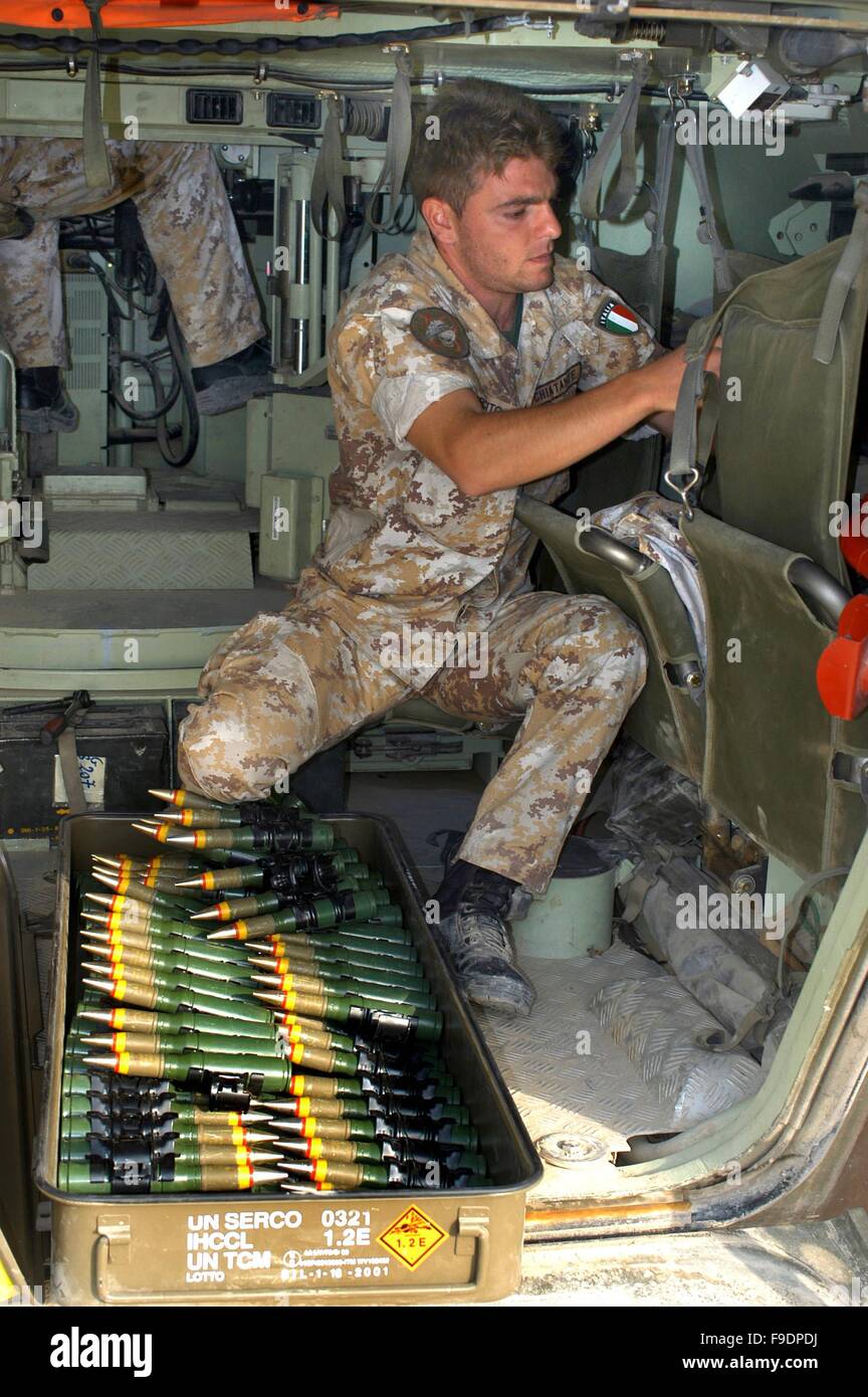 Italian military intervention in Iraq (10/2004),  load of ammunitions for 30 mm gun of an infantry armored fighting vehicle Stock Photo