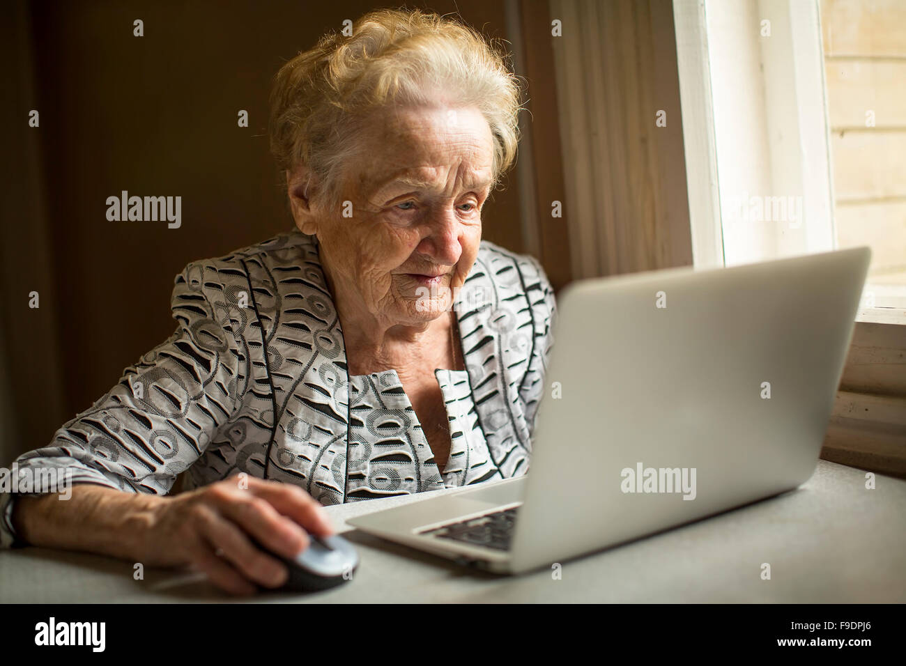 An elderly woman works on a computer. Stock Photo