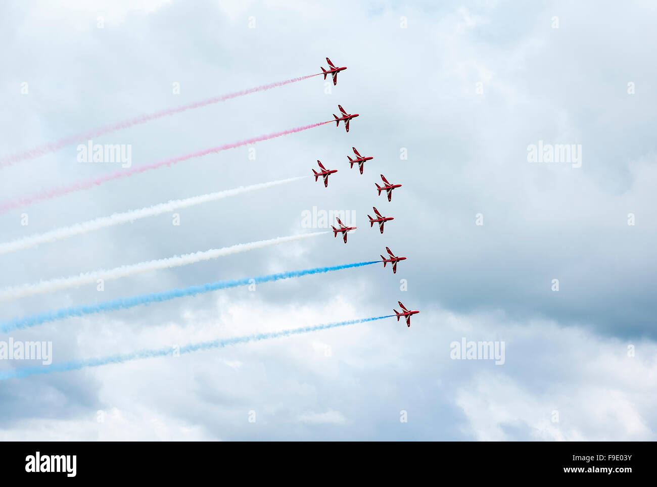 The PHOENIX formation by the British Red Arrows Hawk display team in UK Stock Photo