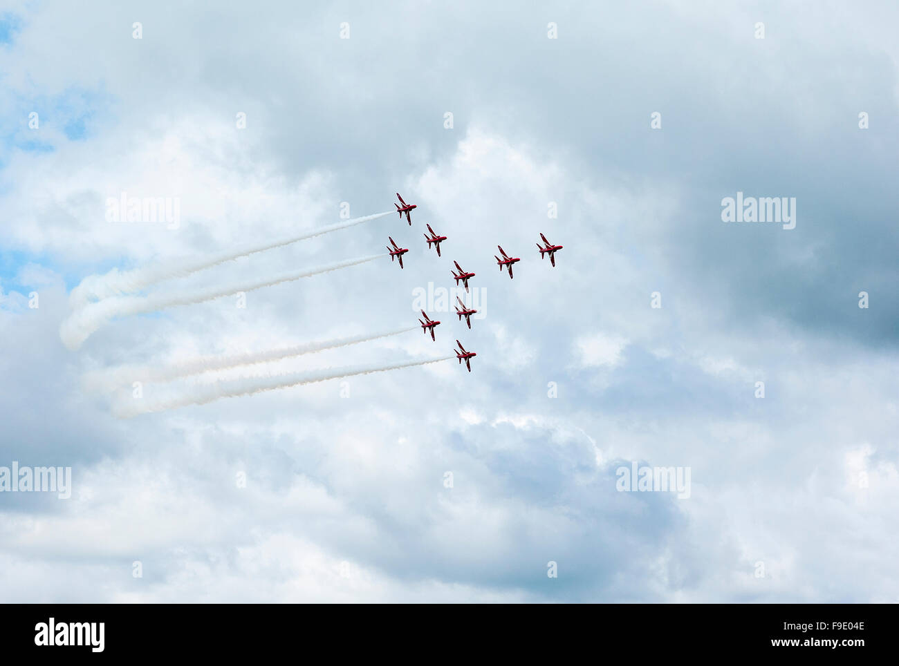 British Red Arrows Hawk aircraft displaying the CONCORDE formation at a British air shown Stock Photo