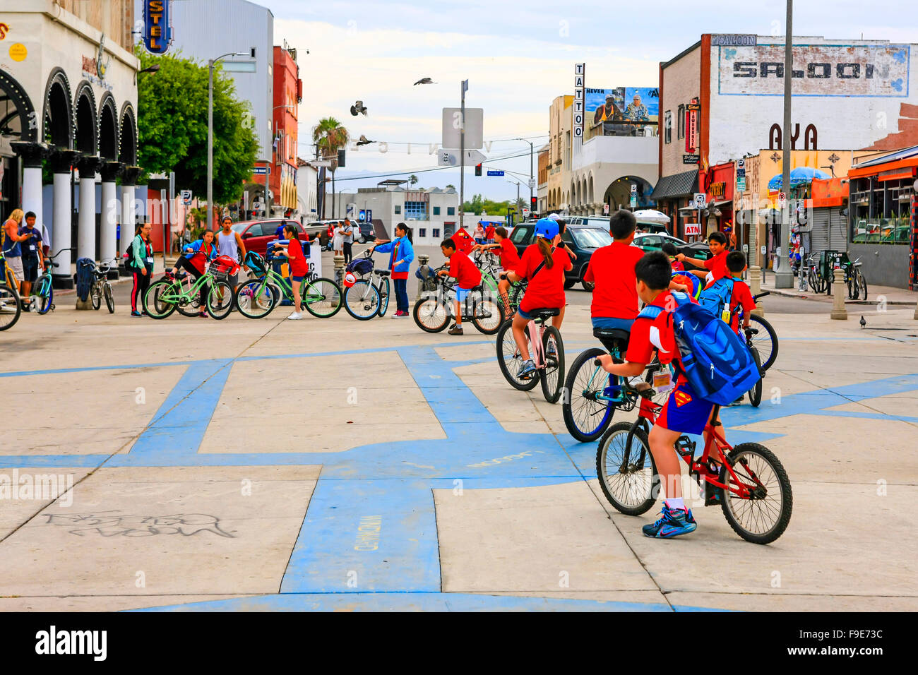 School children undergoing a bicyle training course in Venice California Stock Photo