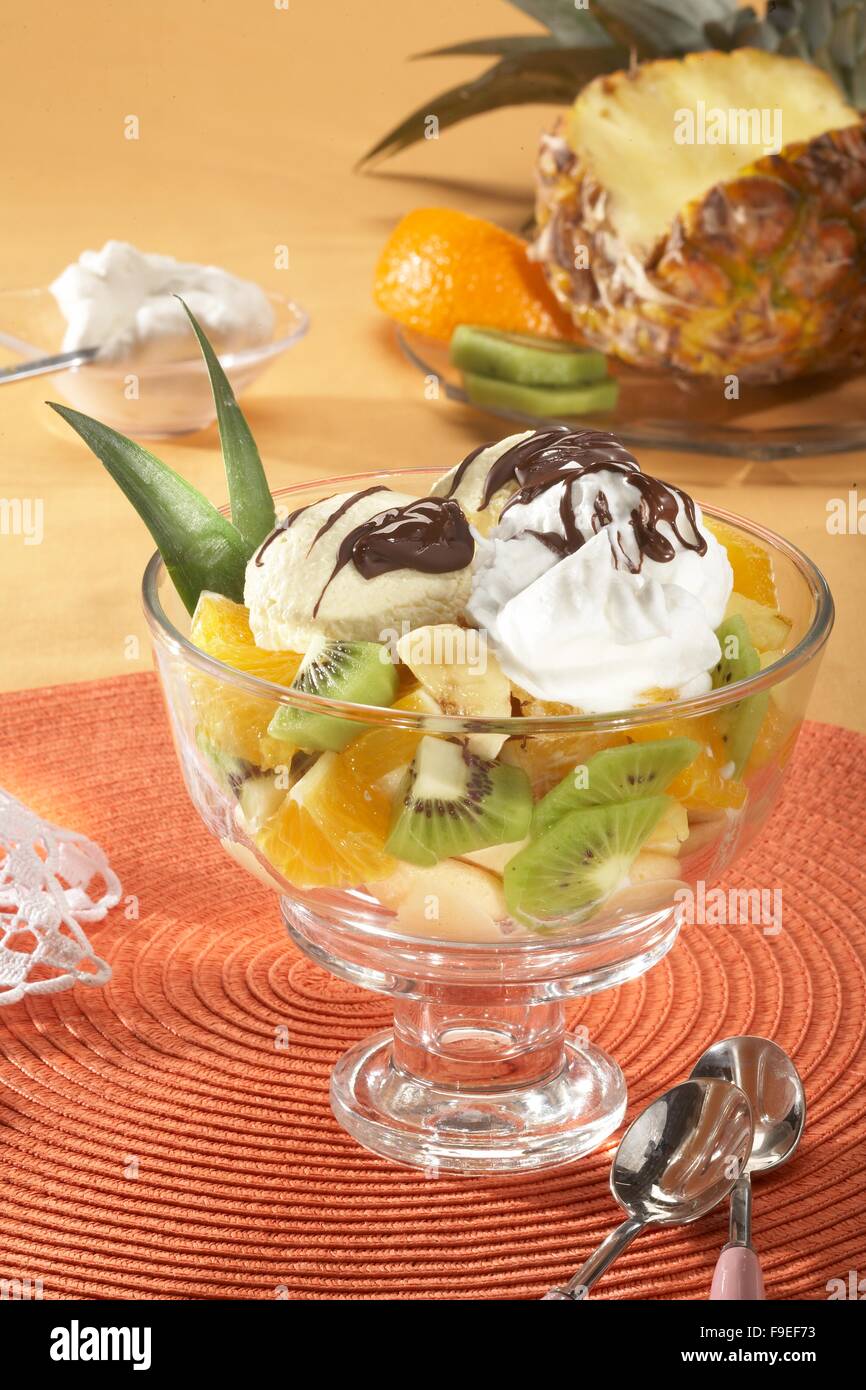 Fruit Sundae with Ice Cream and Chocolate Stock Photo Alamy